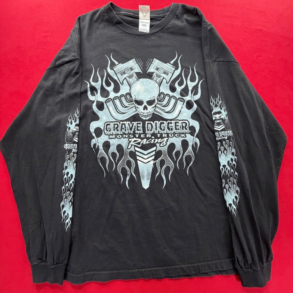 VTG FLAMES 2000 Grave Digger Monster Truck Racing Long Sleeve Shirt Black XXL